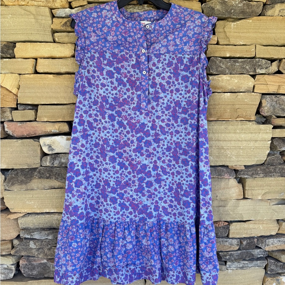 Vineyard Vines Blue and Purple Floral Ruffle-Hem Mini Dress